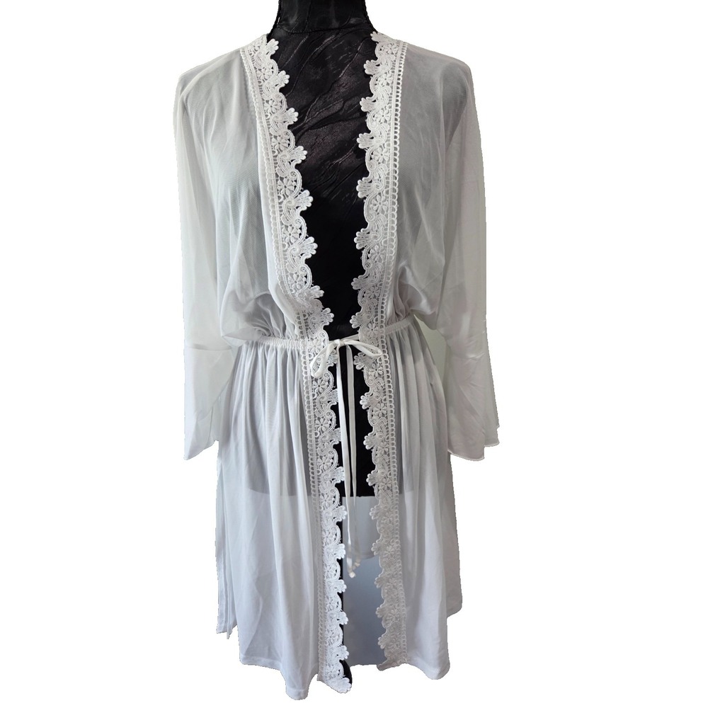 Vintage Sheer White Tie Lingerie Cover up Blouse Transparent Top Size Small